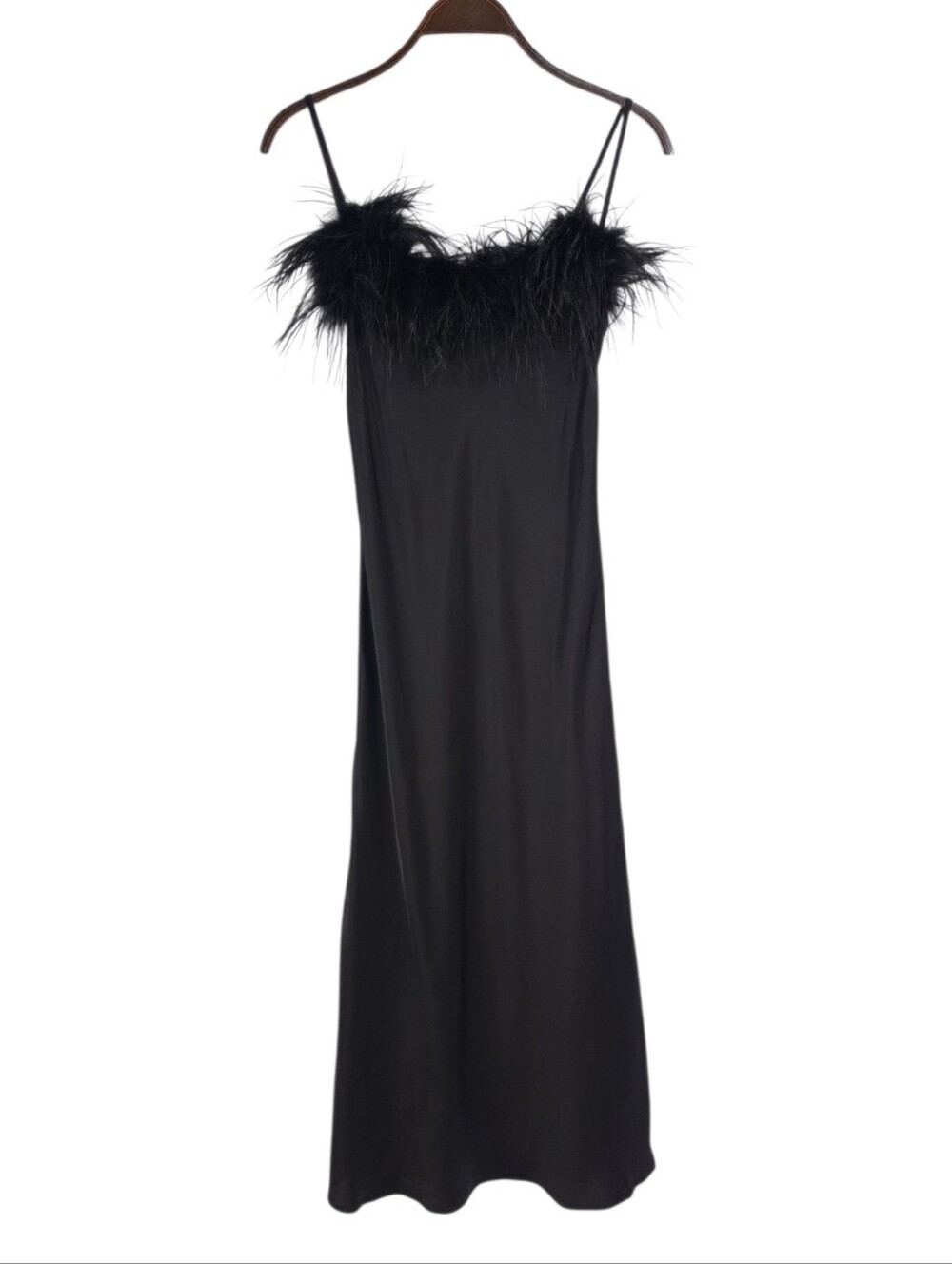 Sleeper Boheme Satin Midi Slip Dress Black Ostrich Feather Trim - Picture 5 of 12